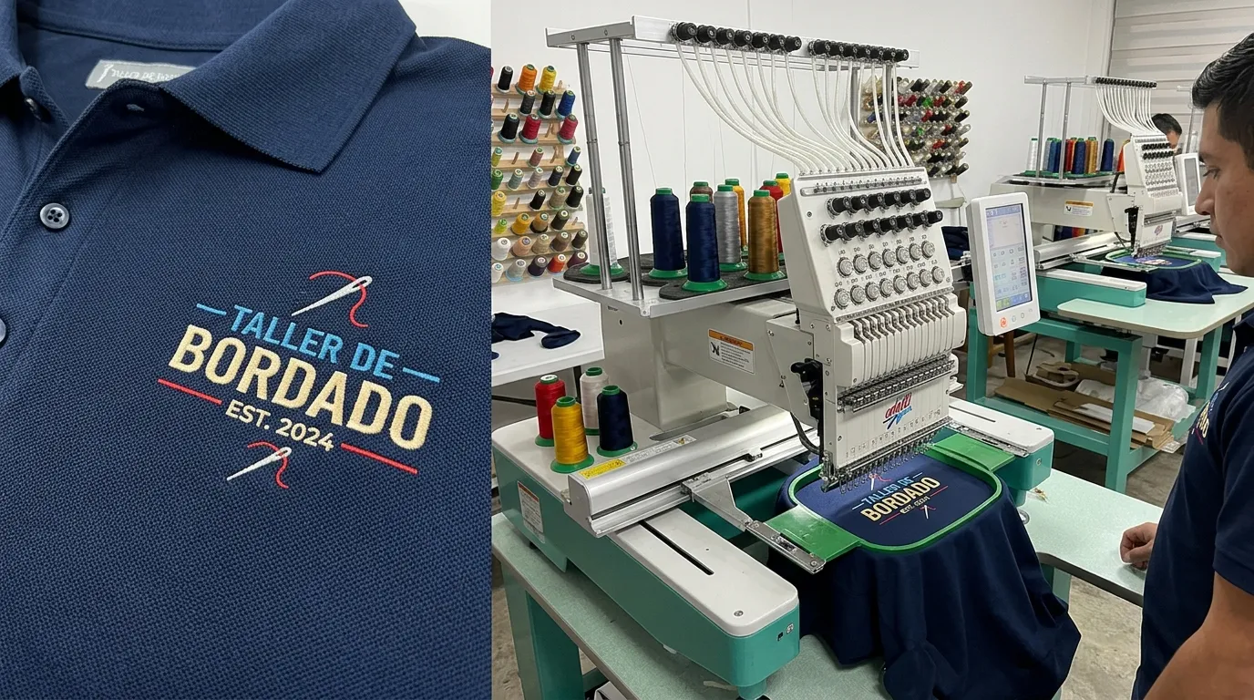 Díptico: a la izquierda el primer plano de un logo bordado en hilo sobre el pecho de una chomba de piqué azul marino, a la derecha una máquina bordadora industrial cosiendo ese mismo logo en un taller con conos de hilo de colores