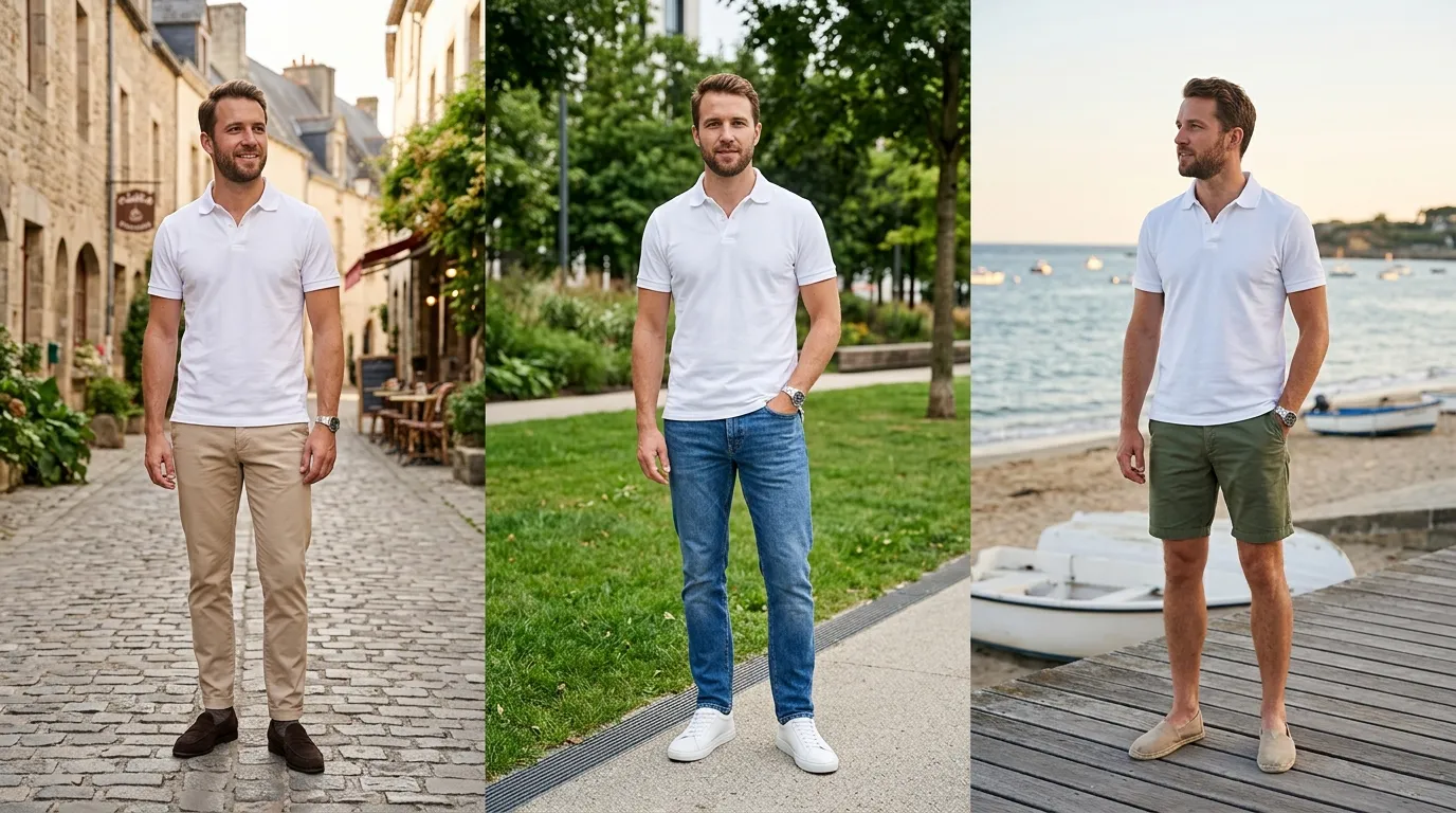 Tríptico del mismo hombre con una chomba de piqué blanca combinada de tres maneras: con chino beige y mocasines marrones, con jean azul y zapatillas blancas, y con short verde militar y alpargatas