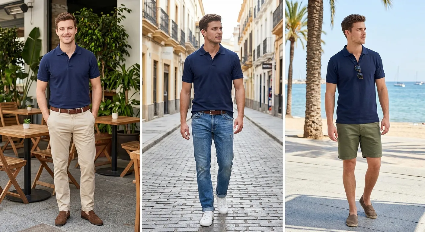 El mismo hombre con una chomba azul marino combinada de tres maneras: con chino beige y mocasines, con jean y zapatillas blancas, y con short verde y alpargatas