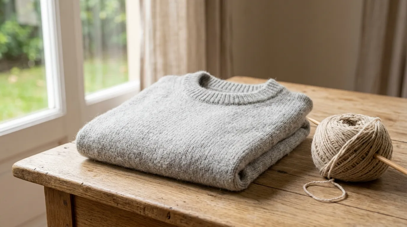Chomba de punto gris de cuello redondo acanalado, doblada sobre una mesa de madera junto a una ventana, al lado de un ovillo de lana beige atravesado por un palillo
