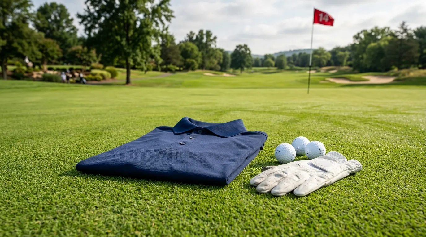Chomba de golf azul marino doblada sobre el césped de una cancha, junto a un guante blanco y tres pelotas, con la bandera roja del hoyo 14 al fondo