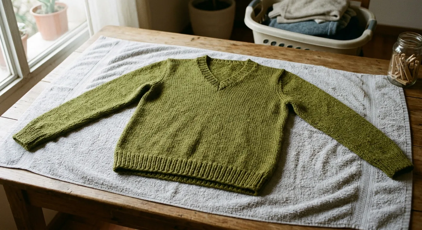 Chomba de lana verde extendida plana sobre una toalla gris para secarse