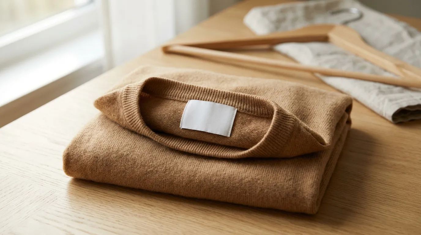 Chomba de punto fino color camel doblada sobre una mesa de madera clara, con una etiqueta blanca sin texto cosida en el cuello y una percha de madera detrás