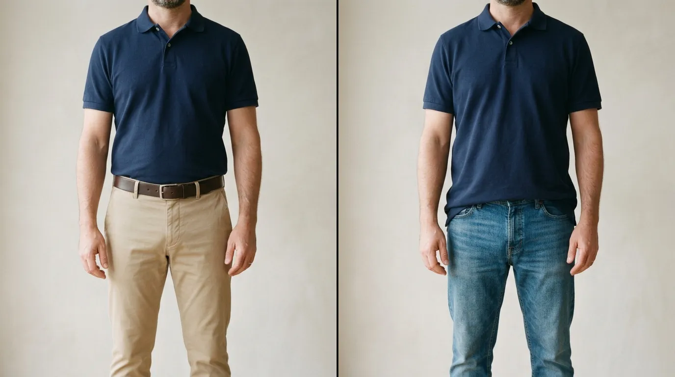 Díptico del torso de un hombre con la misma chomba azul marino: a la izquierda metida dentro de un chino beige con cinto de cuero marrón, a la derecha suelta por fuera de un jean