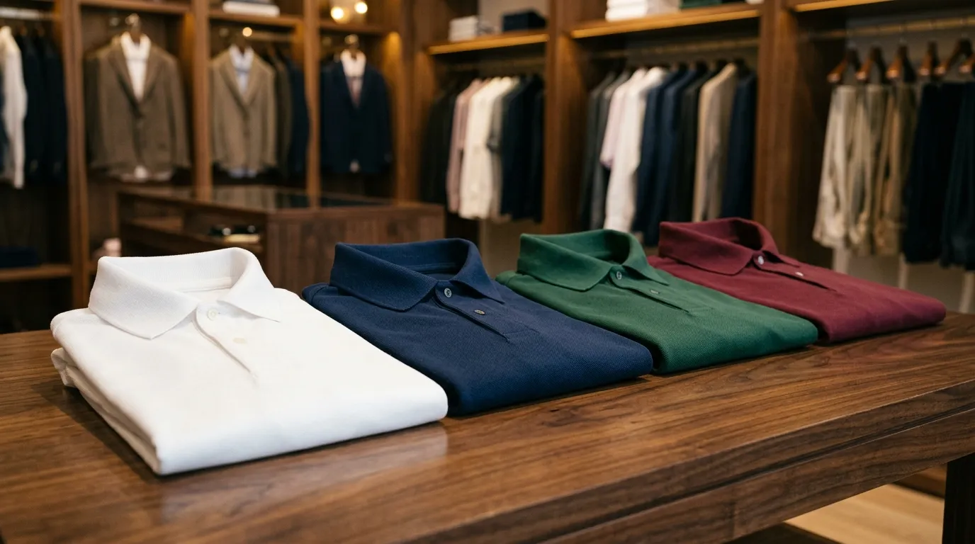 Cuatro chombas de piqué dobladas en fila sobre una mesa de madera oscura en una tienda de ropa: blanca, azul marino, verde inglés y bordó, con sacos y camisas colgados al fondo