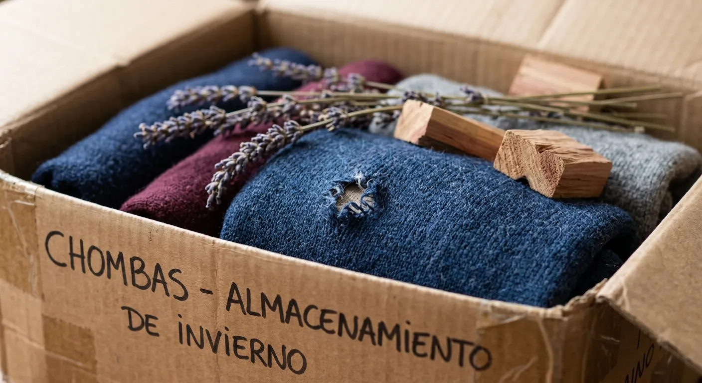 Chombas de lana dobladas dentro de una caja de cartón rotulada, con ramas de lavanda y tacos de cedro, y un hoyo de polilla visible en una de ellas