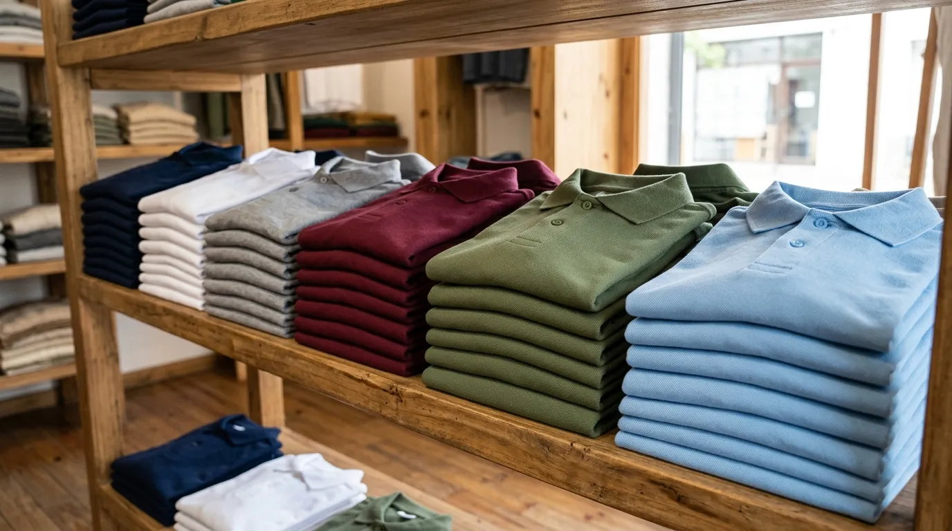 Pilas de chombas de piqué lisas dobladas por color en un estante de madera: azul marino, blanco, gris, bordó, verde y celeste, con más prendas dobladas al fondo del local