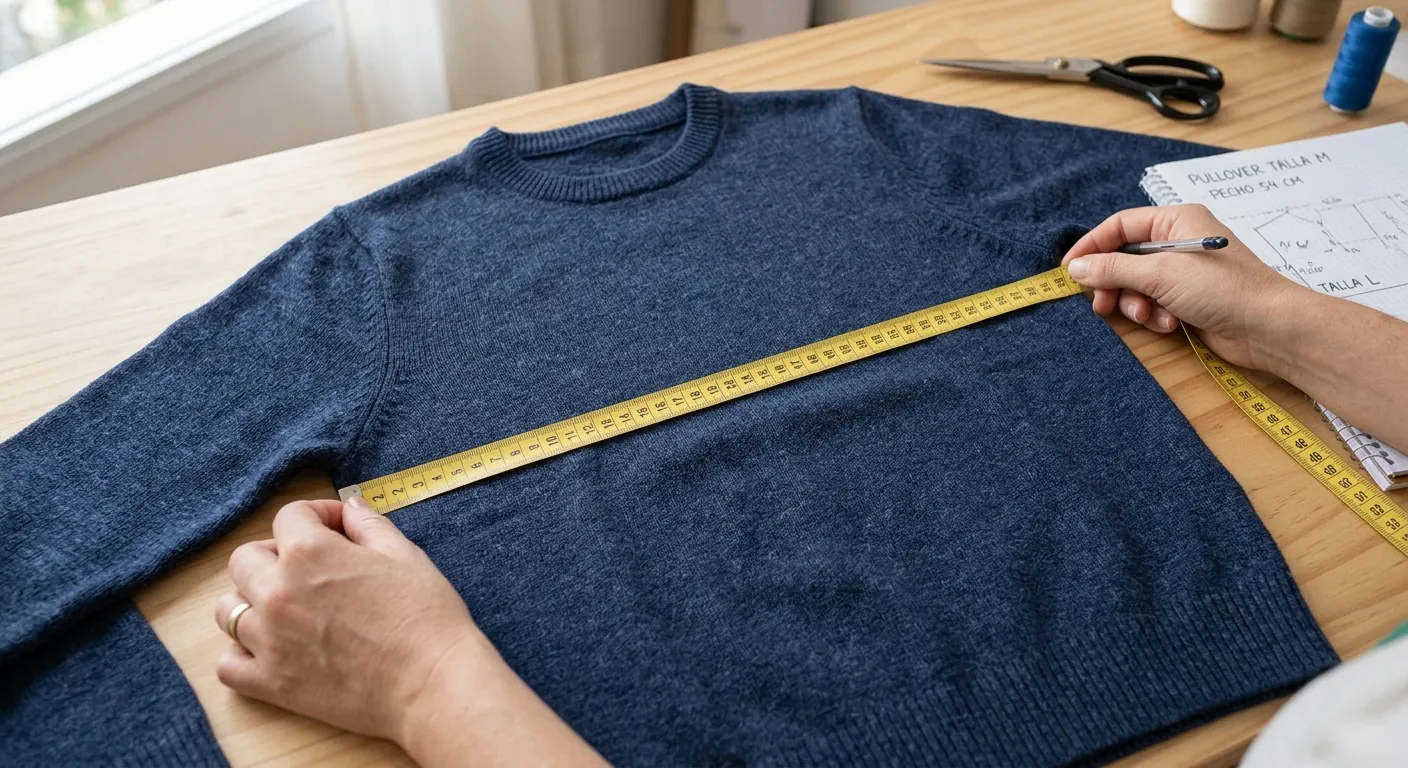 Chomba de lana azul apoyada sobre una mesa de madera mientras una cinta métrica mide el ancho del pecho de costura a costura