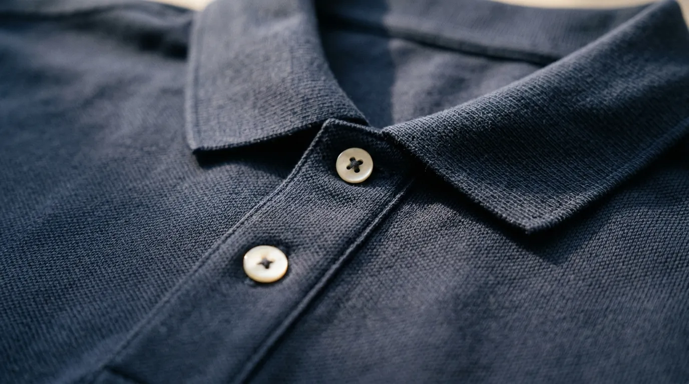 Primer plano del cuello y la tapeta de una chomba de piqué azul marino, con dos botones de nácar y la trama del piqué a la vista