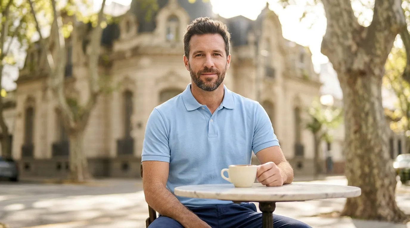 Hombre de barba con chomba de piqué celeste lisa, sentado en una mesa de mármol de una vereda con un café, frente a un edificio clásico y plátanos de Buenos Aires
