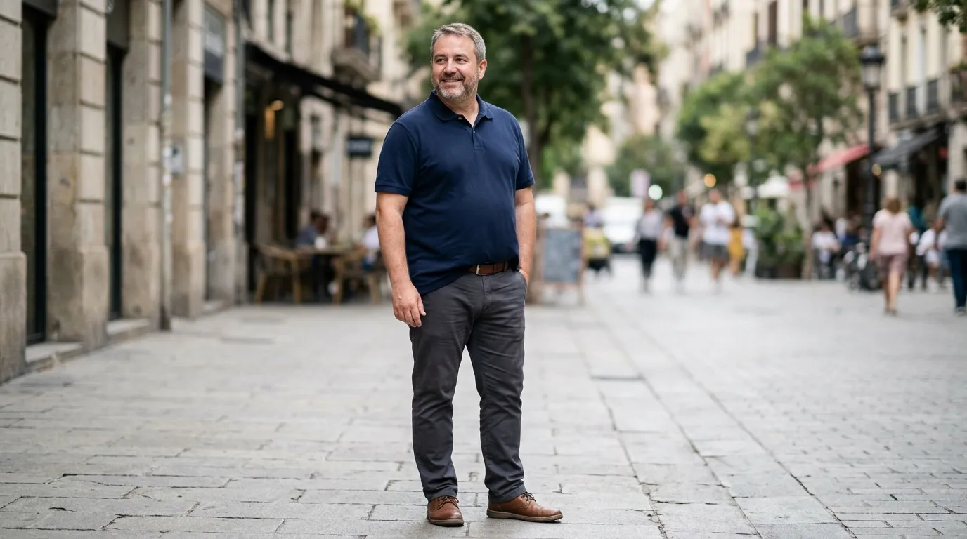 Hombre de talle grande parado en una calle peatonal con una chomba de piqué azul marino de corte recto metida dentro de un chino gris oscuro, con cinto de cuero marrón a la vista