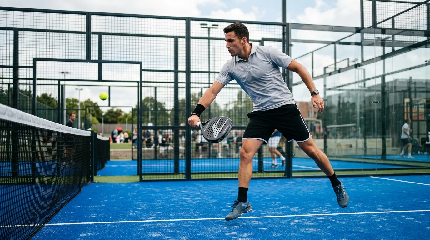 Jugador de pádel devolviendo una pelota cerca de la red en una cancha de césped sintético azul con paredes de vidrio, con chomba técnica gris de manga corta y short negro