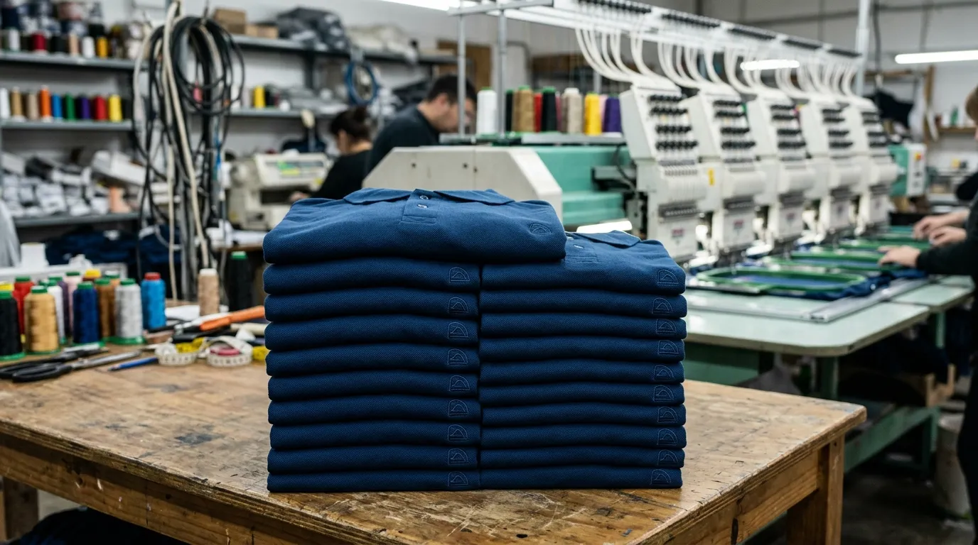 Pila de una docena de chombas de piqué azul marino idénticas, dobladas sobre una mesa de taller, cada una con un emblema bordado al tono en el pecho, con máquinas bordadoras al fondo
