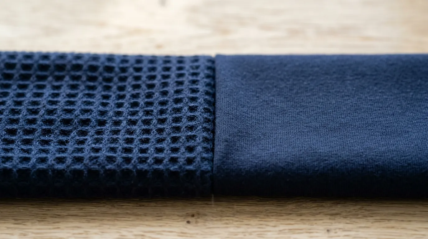 Primer plano de dos telas azul marino apoyadas una junto a la otra sobre una mesa de madera: a la izquierda el relieve de panal del piqué, a la derecha la superficie lisa del jersey