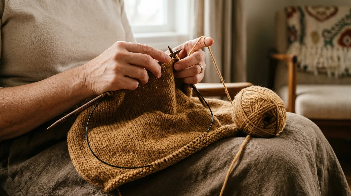 Manos de una mujer tejiendo con palillos circulares de madera una prenda de lana color camel apoyada sobre su falda, con el ovillo al lado y una sala de estar detrás