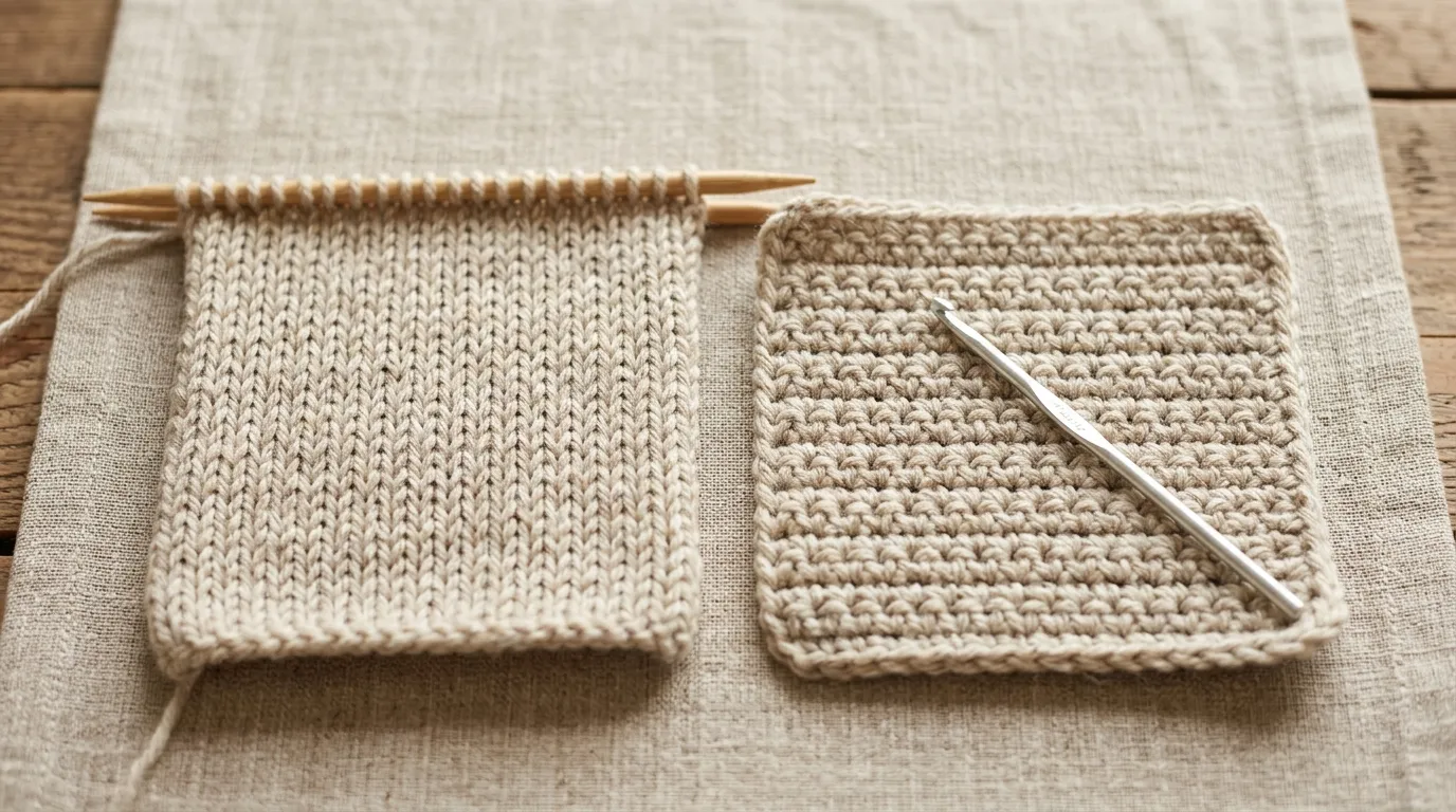 Dos muestras de lana color avena sobre lino: a la izquierda un tejido a dos agujas todavía en los palillos de bambú, a la derecha uno a croché más denso con el ganchillo de aluminio encima