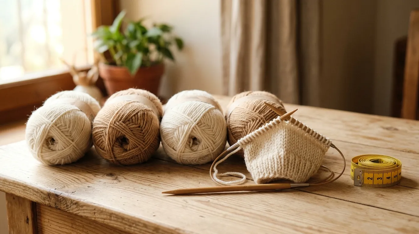 Seis ovillos de lana en tonos crudo y camel alineados sobre una mesa de madera, junto a unos palillos circulares de bambú con un tejido a medio hacer y una cinta métrica amarilla enrollada