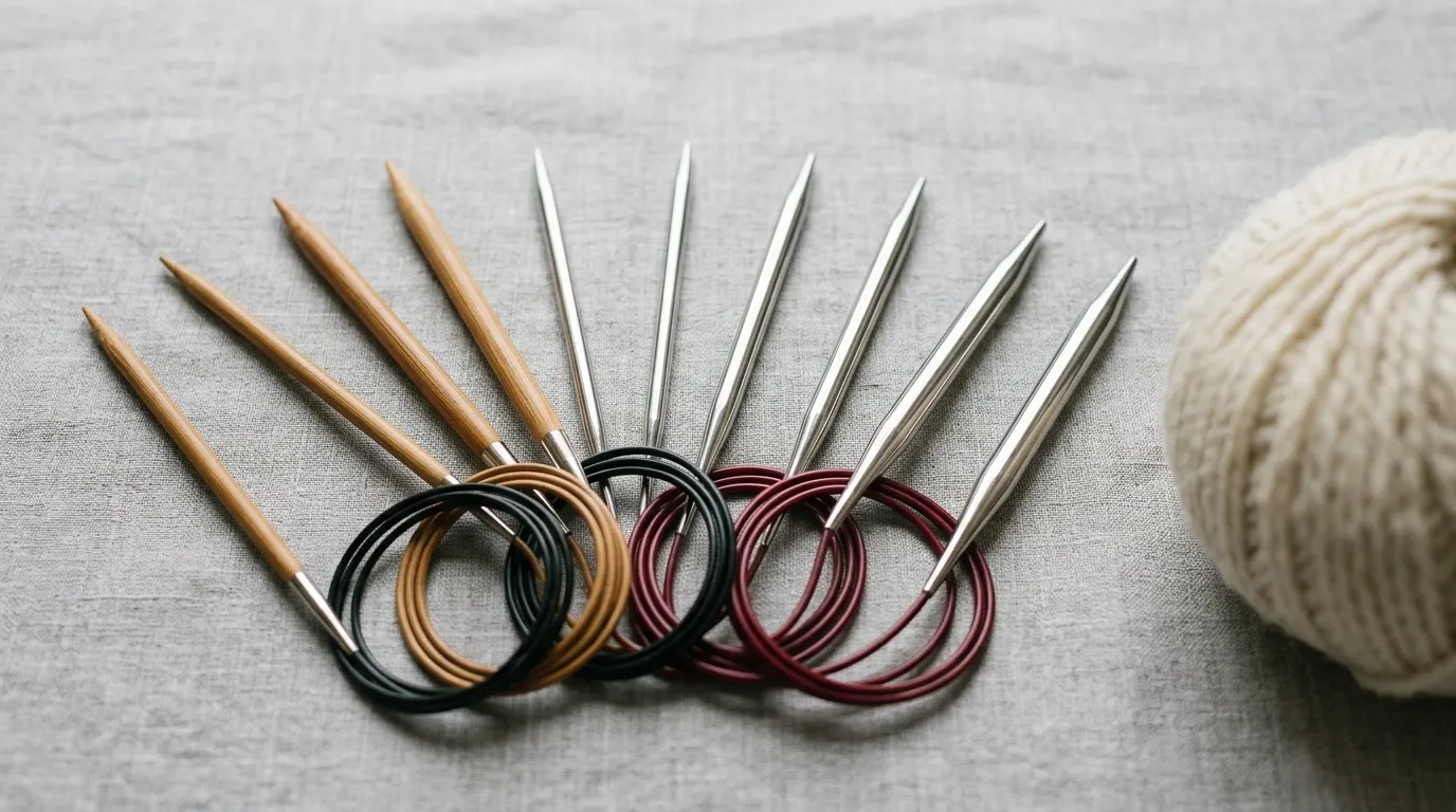 Diez palillos circulares abiertos en abanico sobre lino gris, cuatro de bambú y seis de metal, con los cables enroscados en negro, café y burdeo, y un ovillo de lana crema a un costado