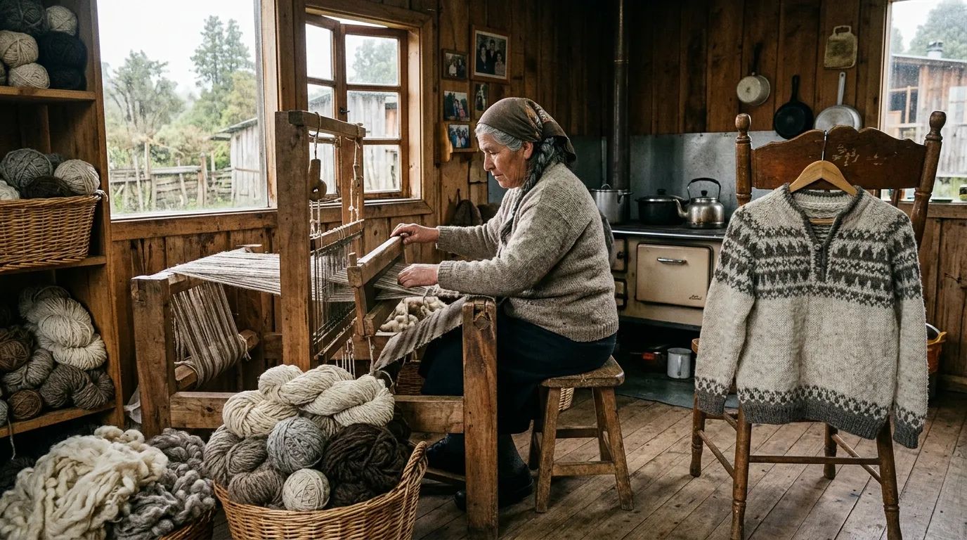 Tejedora trabajando en un telar de madera dentro de una casa de tablas, con canastos de madejas de lana sin teñir en tonos crudo, gris y café, y una chomba terminada con cenefa colgada de una silla