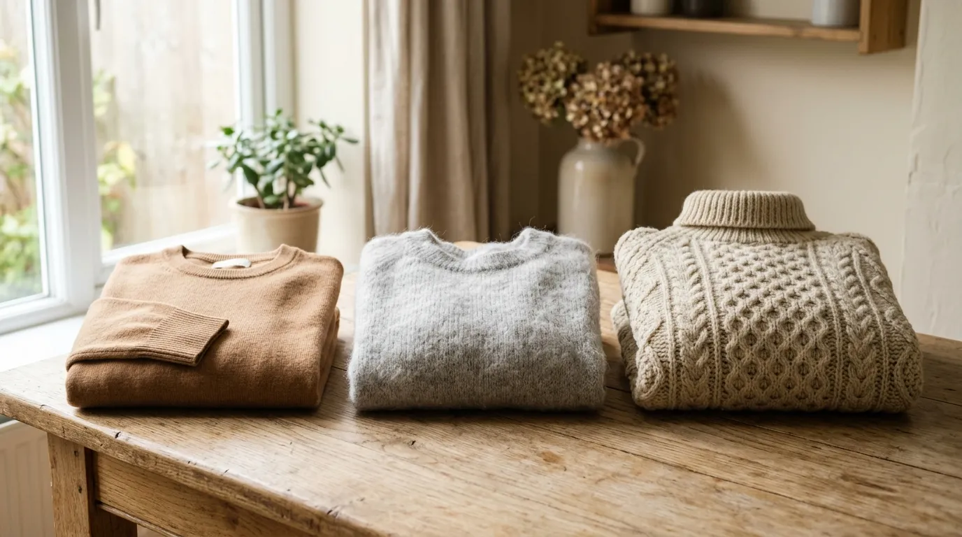 Tres chombas de lana dobladas sobre una mesa de madera junto a una ventana: una de punto fino color camel, una gris de aspecto suave y velloso, y una de lana cruda con cuello alto y punto trenzado
